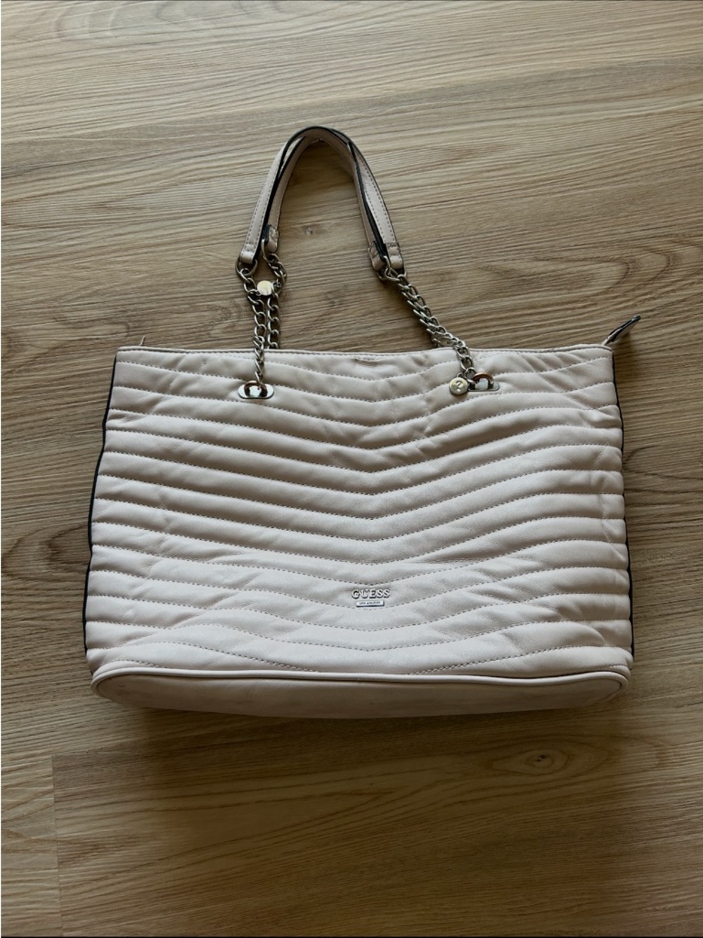 Guess Quilted Cream Tote with Chain-Trim Handles